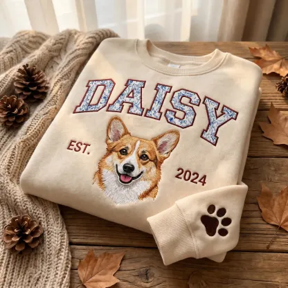Custom Pet Portrait Embroidered Sweatshirt with Chinoiserie Appliqué Name