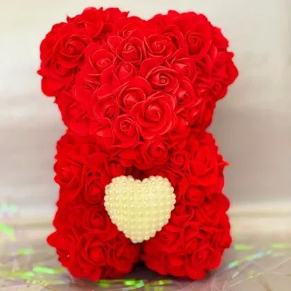 Rose Teddy Bear With Pearl (Handmade Rose, Preserved Forever)