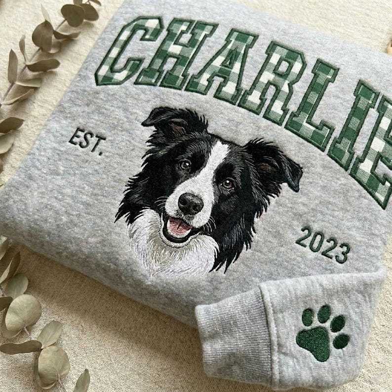 Custom Pet Portrait Embroidered Sweatshirt with Gingham Varsity Name