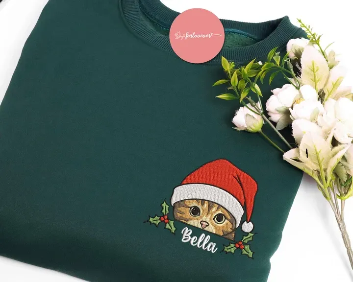 Custom Pet Photo Holly Berry Christmas Greeting Embroidered Sweatshirt, Hoodie, T-Shirt