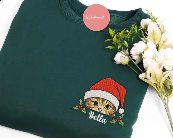 Custom Pet Photo Holly Berry Christmas Greeting Embroidered Sweatshirt, Hoodie, T-Shirt