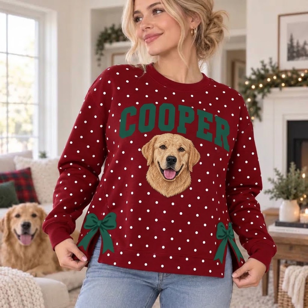 Personalized Pet Portrait Embroidered Polka Dot Sweatshirt with Plaid Bow Side Slits
