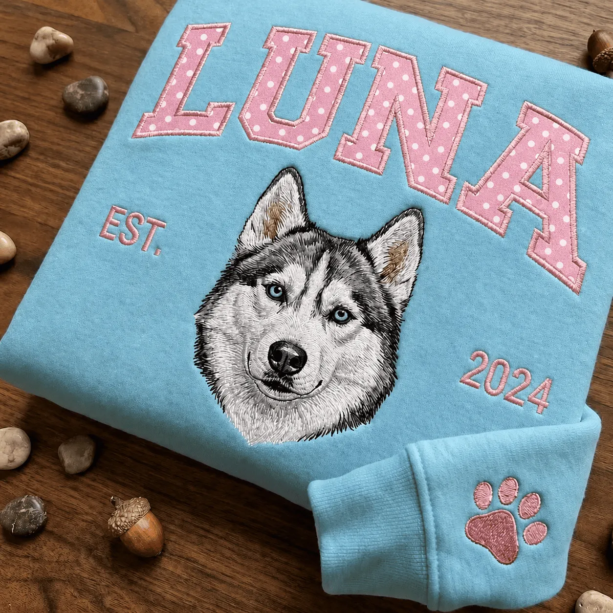 Custom Pet Portrait Embroidered Sweatshirt with Polka Dot Applique Varsity Name