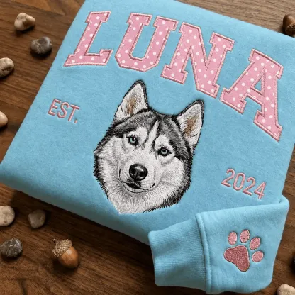 Custom Pet Portrait Embroidered Sweatshirt with Polka Dot Applique Varsity Name