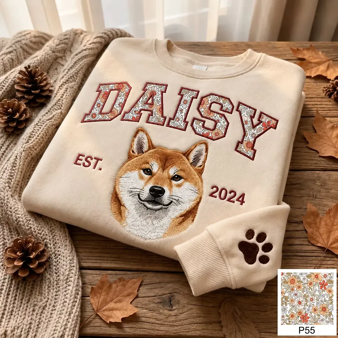Custom Pet Portrait Floral Applique Embroidered T-Shirt Sweatshirt - Personalized Gift for Pet Lovers with EST Year