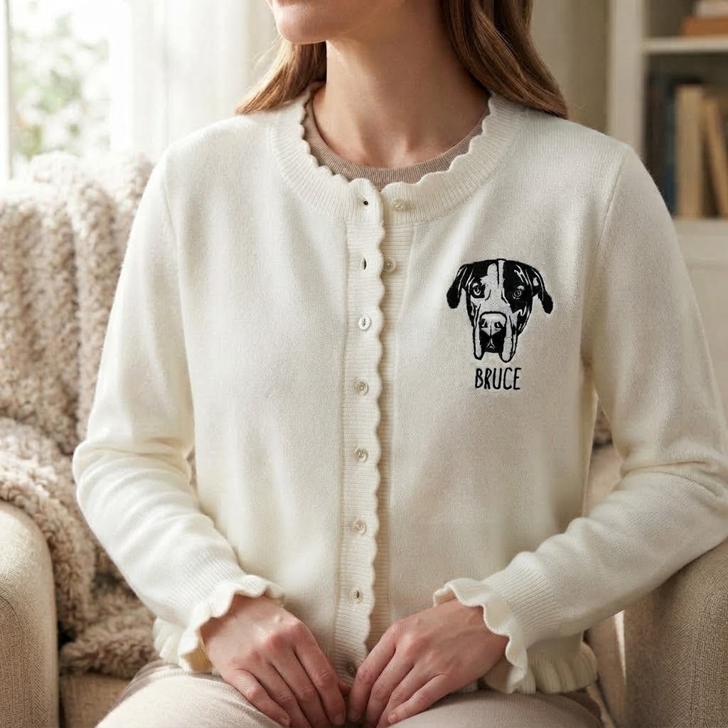 Custom Pet Portrait Ruffle Knit Cardigan, Personalized Embroidered Dog & Cat Sweater, Cozy Fall Winter Outfit for Pet Lovers