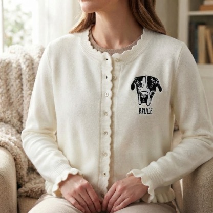 Custom Pet Portrait Ruffle Knit Cardigan, Personalized Embroidered Dog & Cat Sweater, Cozy Fall Winter Outfit for Pet Lovers