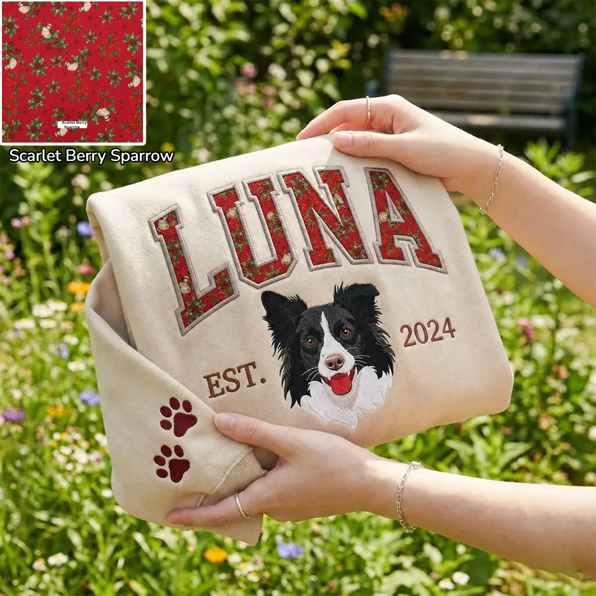 Custom Pet Portrait Embroidered Sweatshirt with Christmas Festive Name Applique