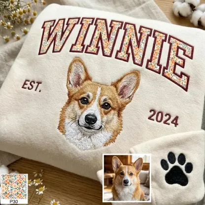 Custom Pet Portrait Floral Applique Embroidered T-Shirt Sweatshirt - Personalized Gift for Pet Lovers with EST Year