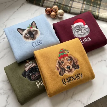 Personalized Pet Christmas Sweatshirt — Embroidered Dog or Cat Portrait with Holiday Hat
