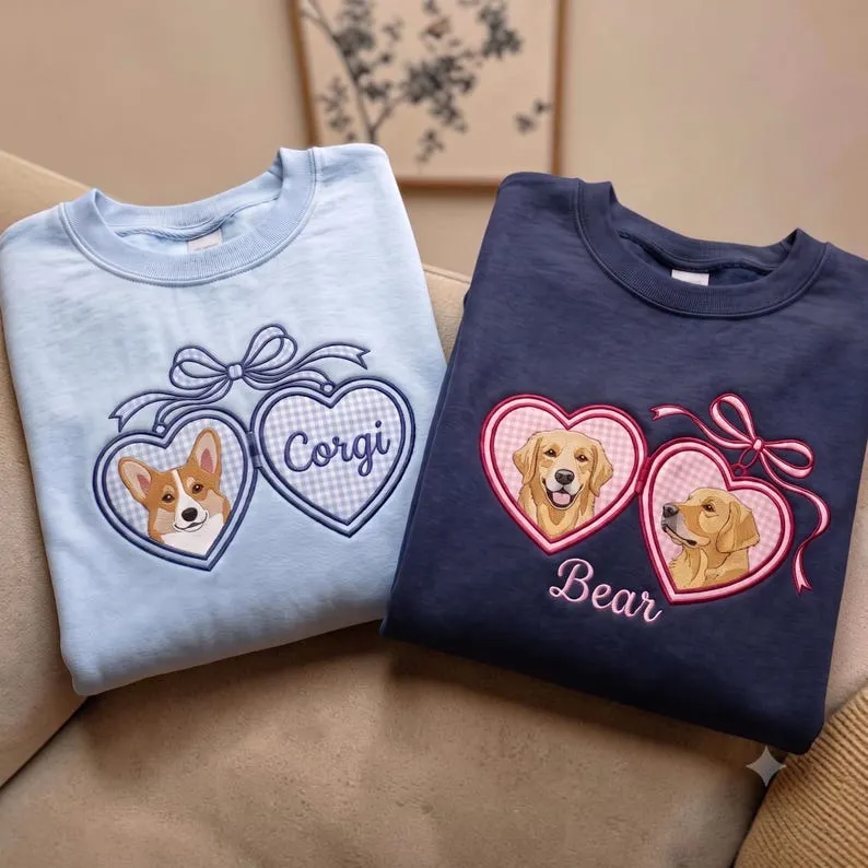 Custom Pet Portrait Embroidered Sweatshirt with Locket Heart Coquette Bow Design