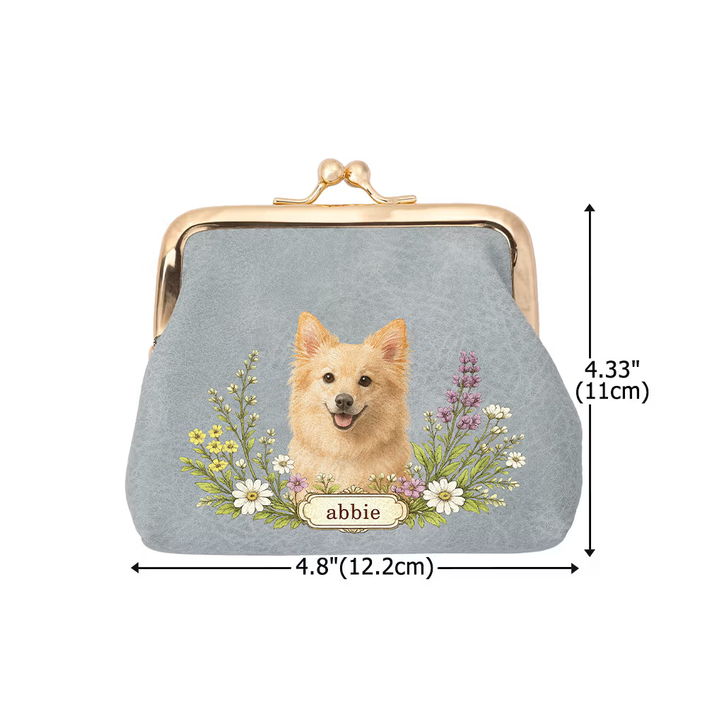 Personalized Floral Pet Photo Portable PU Leather Coin Purse with Name and Kiss Lock Travel Essential Birthday Gift for Dog Cat Pet Owner Lovers