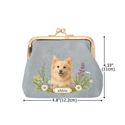 Personalized Floral Pet Photo Portable PU Leather Coin Purse with Name and Kiss Lock Travel Essential Birthday Gift for Dog Cat Pet Owner Lovers