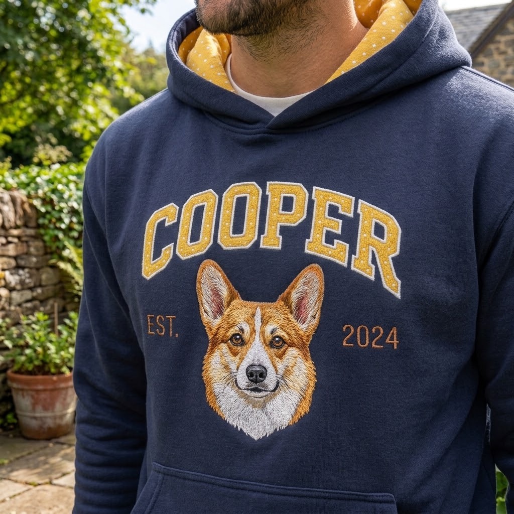 Custom Pet Portrait Appliqué Patch & Embroidered Polka Dot Hoodie with Patterned Design