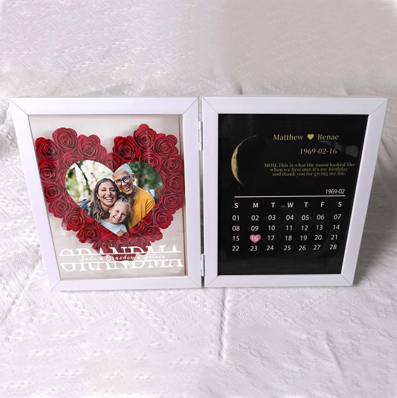 (Grandma Photo With Name) Custom flower frame with REAL MOON PHASE Anniversary Calendar-forlovever