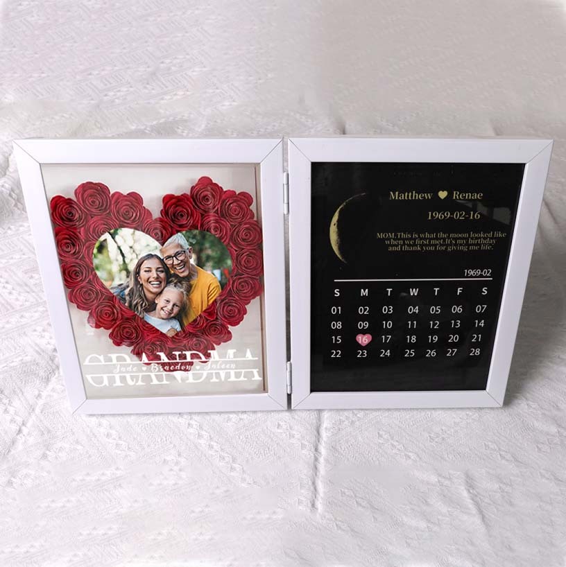 (Grandma Photo With Name) Custom flower frame with REAL MOON PHASE Anniversary Calendar-forlovever