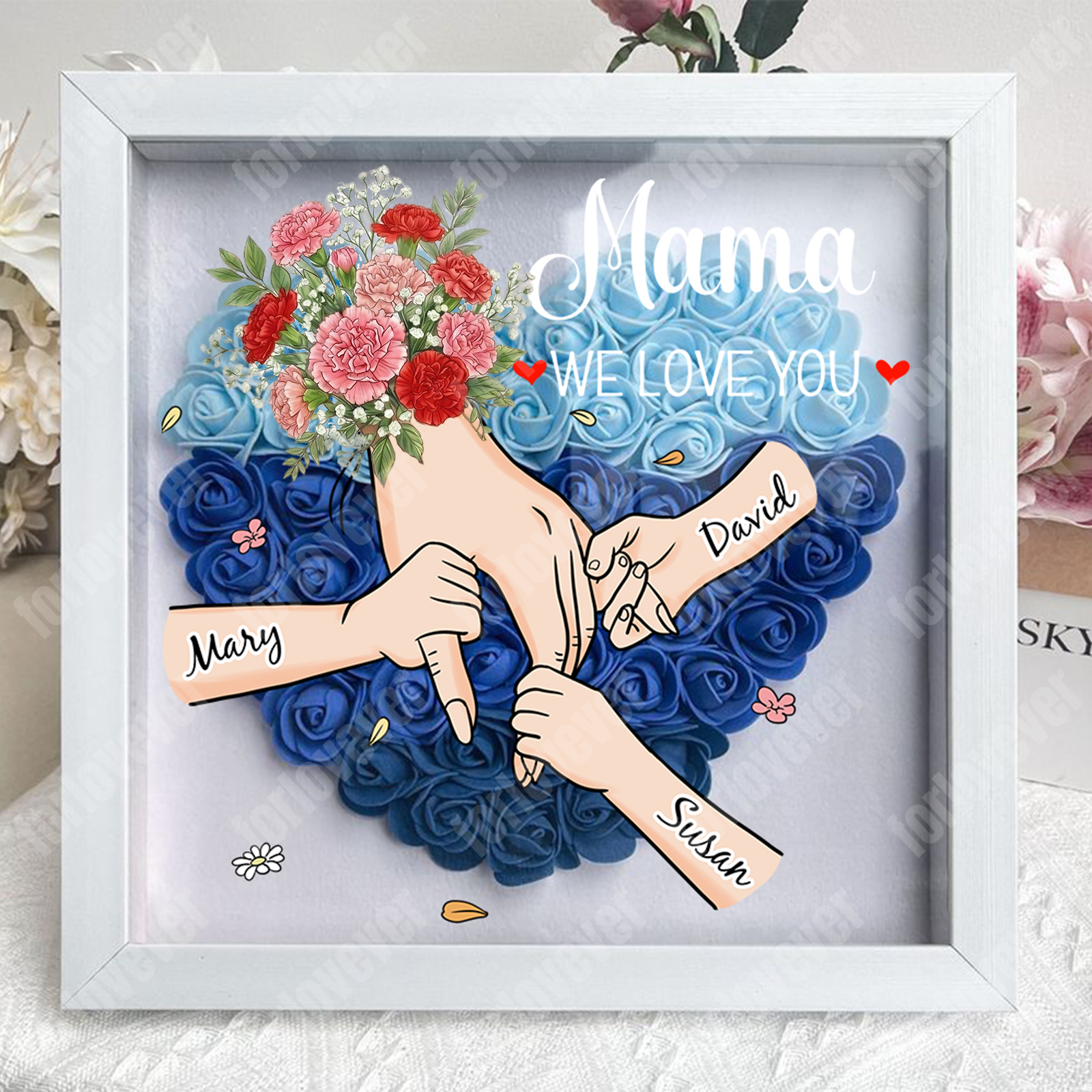 Forlovever™ Personalized Floral Mommy Holding Hands Shadow Box – Custom Kids Names Floral Heart Frame Gift for Mom & Grandma | Mother’s Day Gift