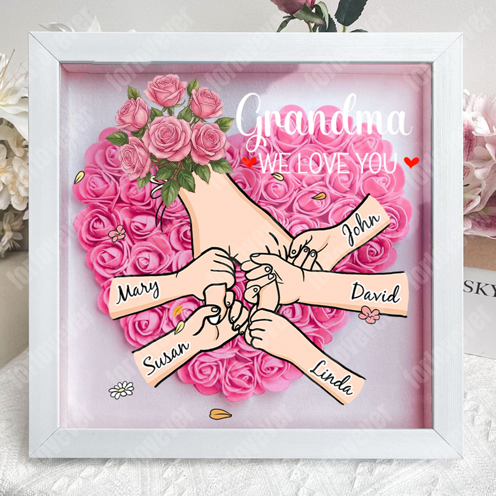 Forlovever™ Personalized Floral Mommy Holding Hands Shadow Box – Custom Kids Names Floral Heart Frame Gift for Mom & Grandma | Mother’s Day Gift