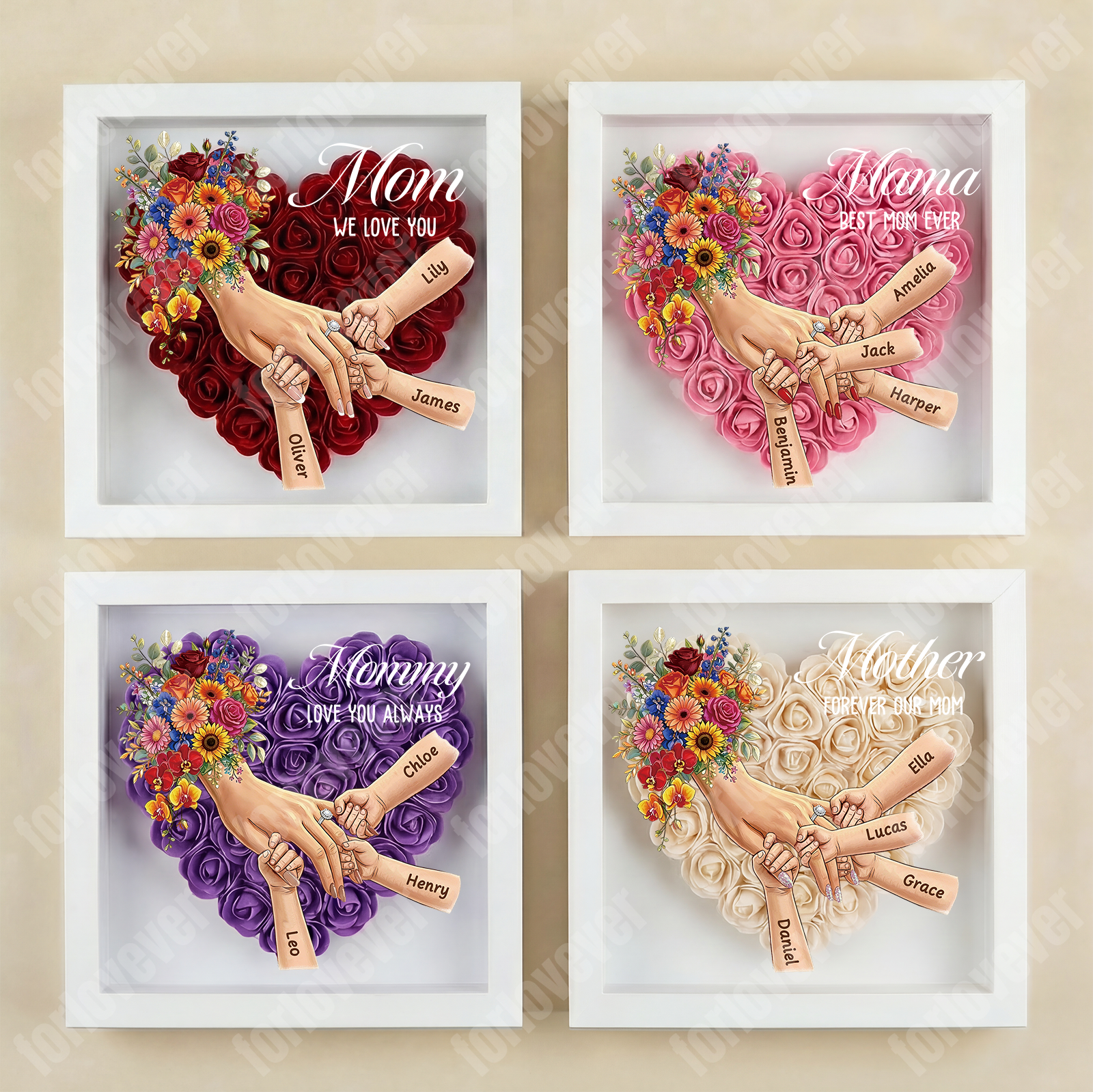 Forlovever™ Personalized Mommy Holding Hands Shadow Box – Custom Kids Names Floral Heart Frame Gift for Mom & Grandma | Mother’s Day Gift