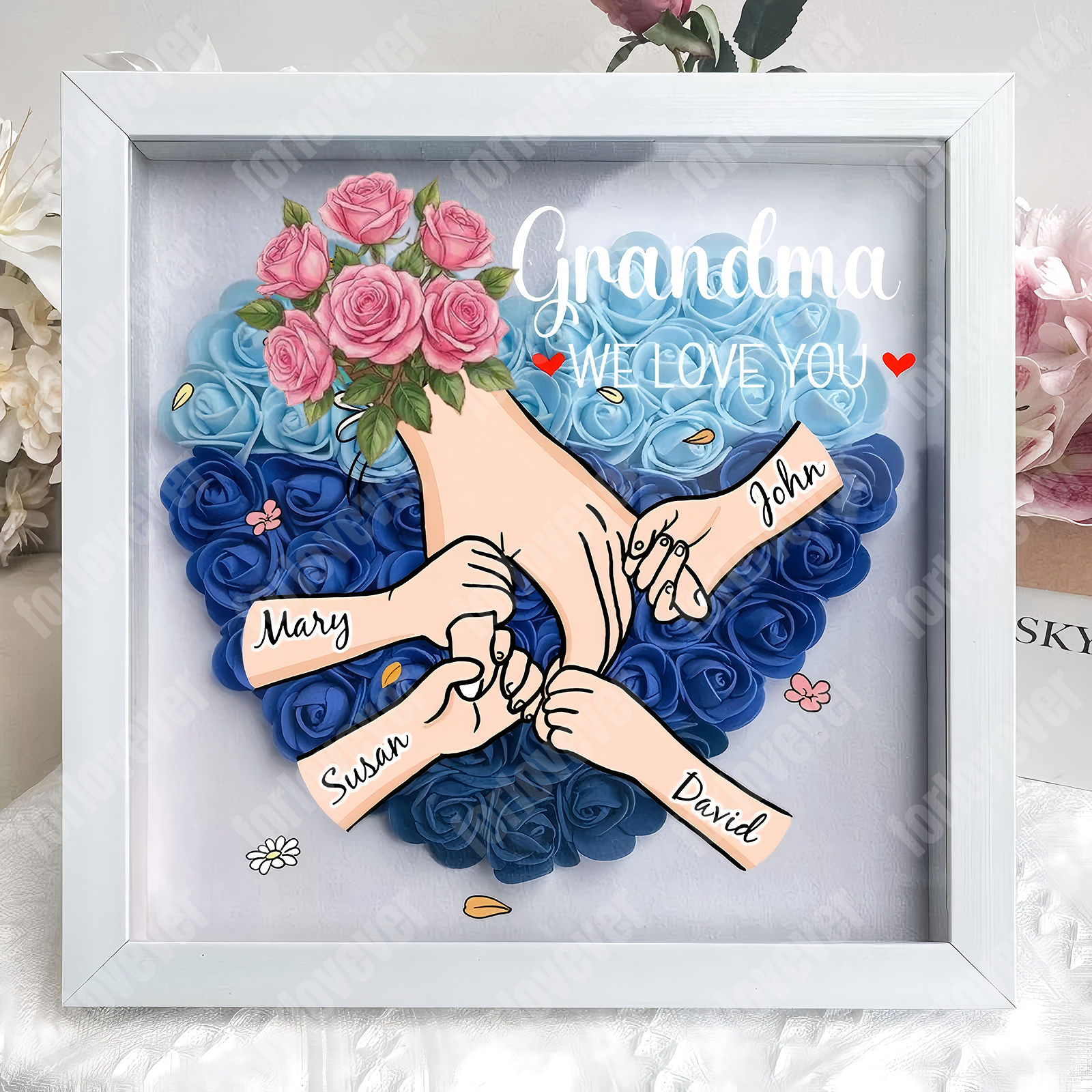 Forlovever™ Personalized Floral Mommy Holding Hands Shadow Box – Custom Kids Names Floral Heart Frame Gift for Mom & Grandma | Mother’s Day Gift