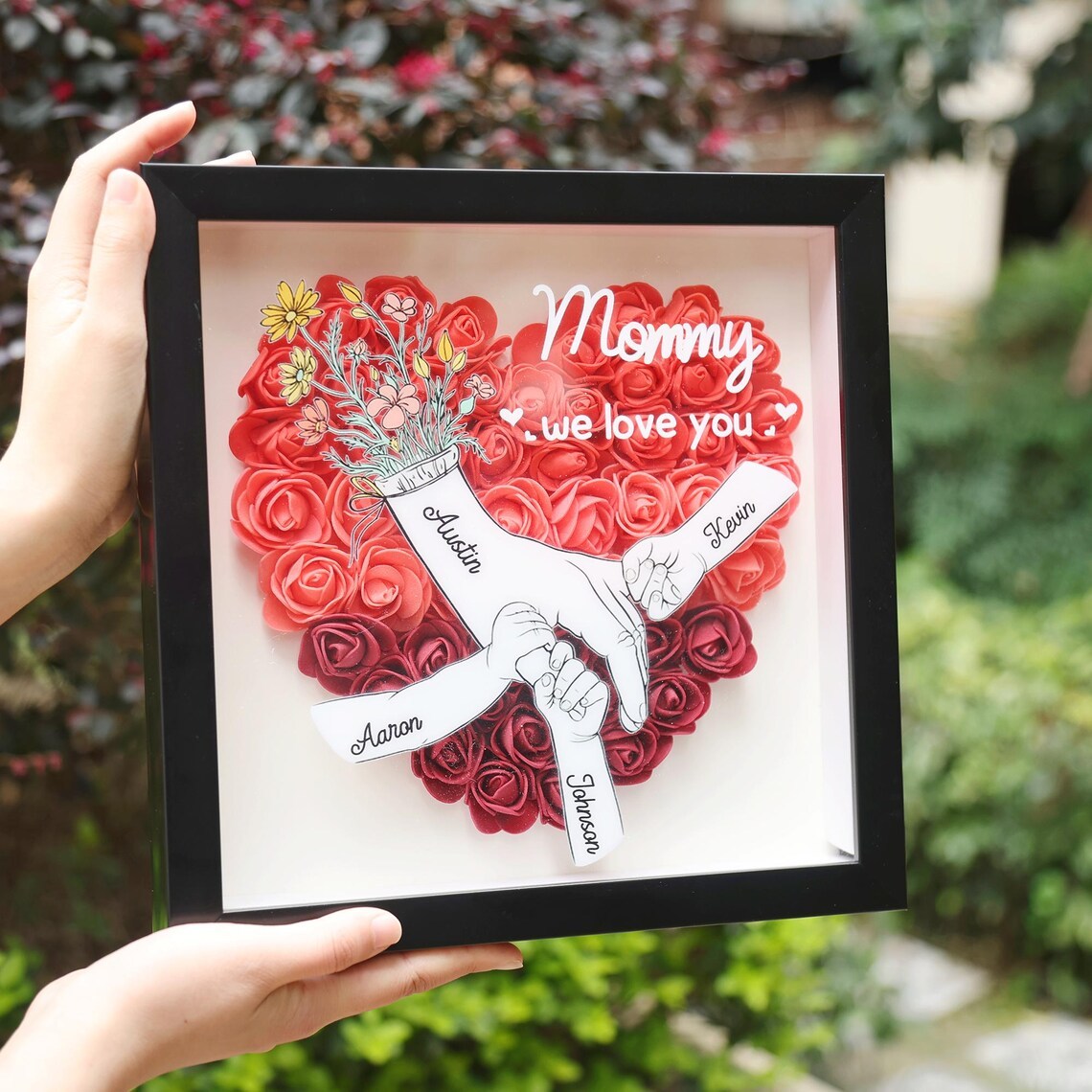 We Love You Mommy Hand Holding - Personalized Flower Shadow Box-forlovever