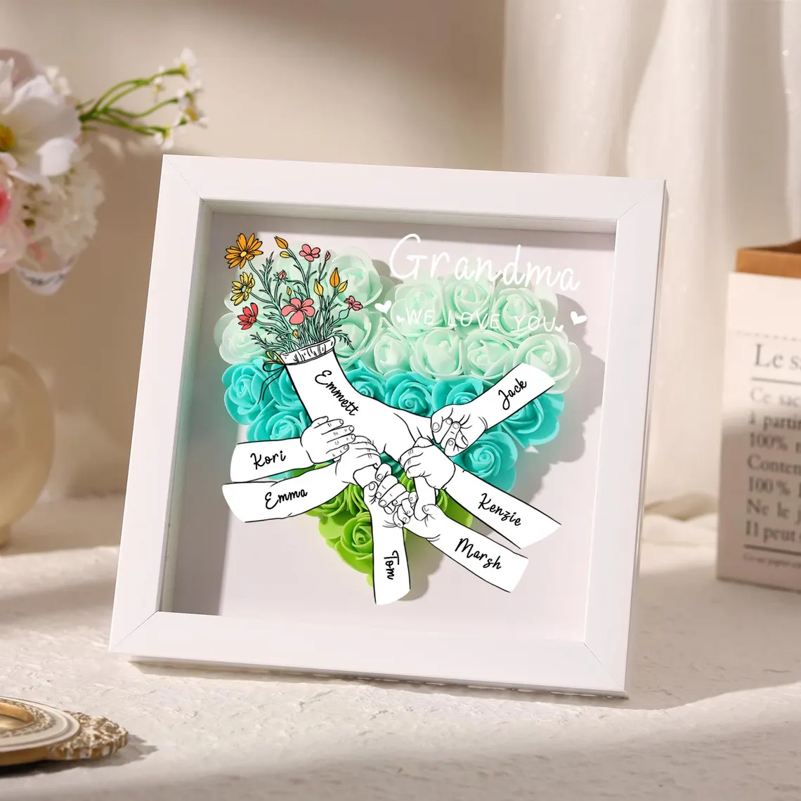 We Love You Mommy Hand Holding - Personalized Flower Shadow Box-forlovever