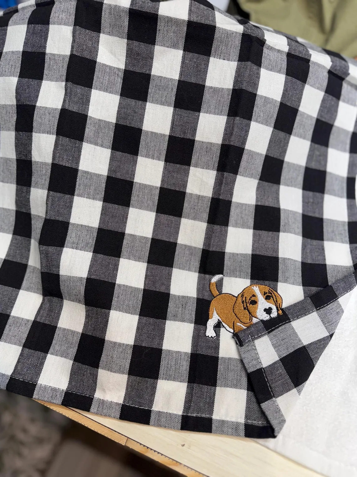 Custom Pet Portrait Beagle Puppy Plaid Kitchen Towel Personalized Dog Lover Gift