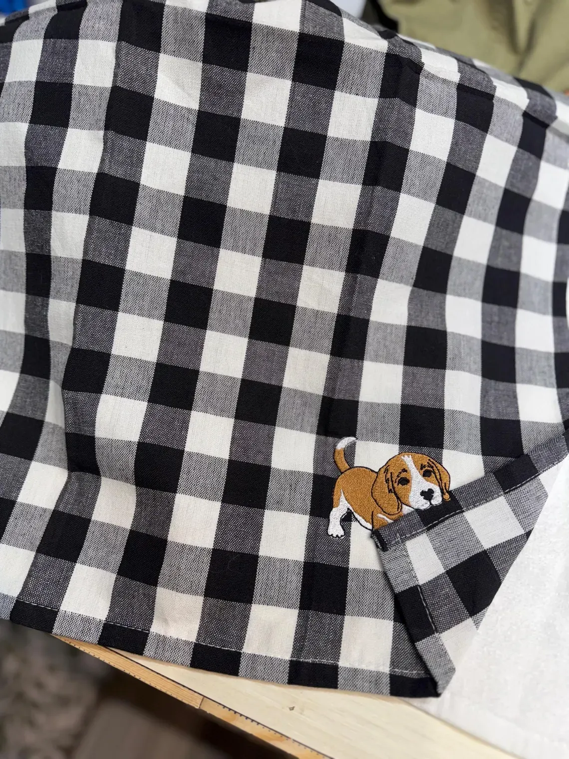 Custom Pet Portrait Beagle Puppy Plaid Kitchen Towel Personalized Dog Lover Gift