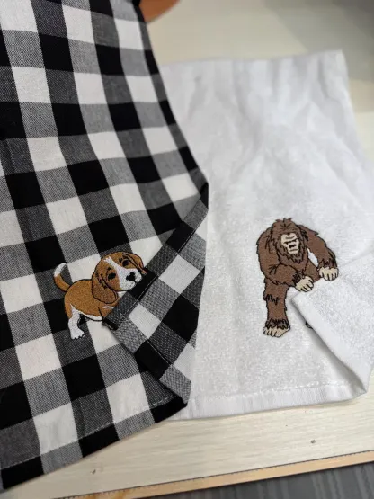 Custom Pet Portrait Beagle Puppy Plaid Kitchen Towel Personalized Dog Lover Gift