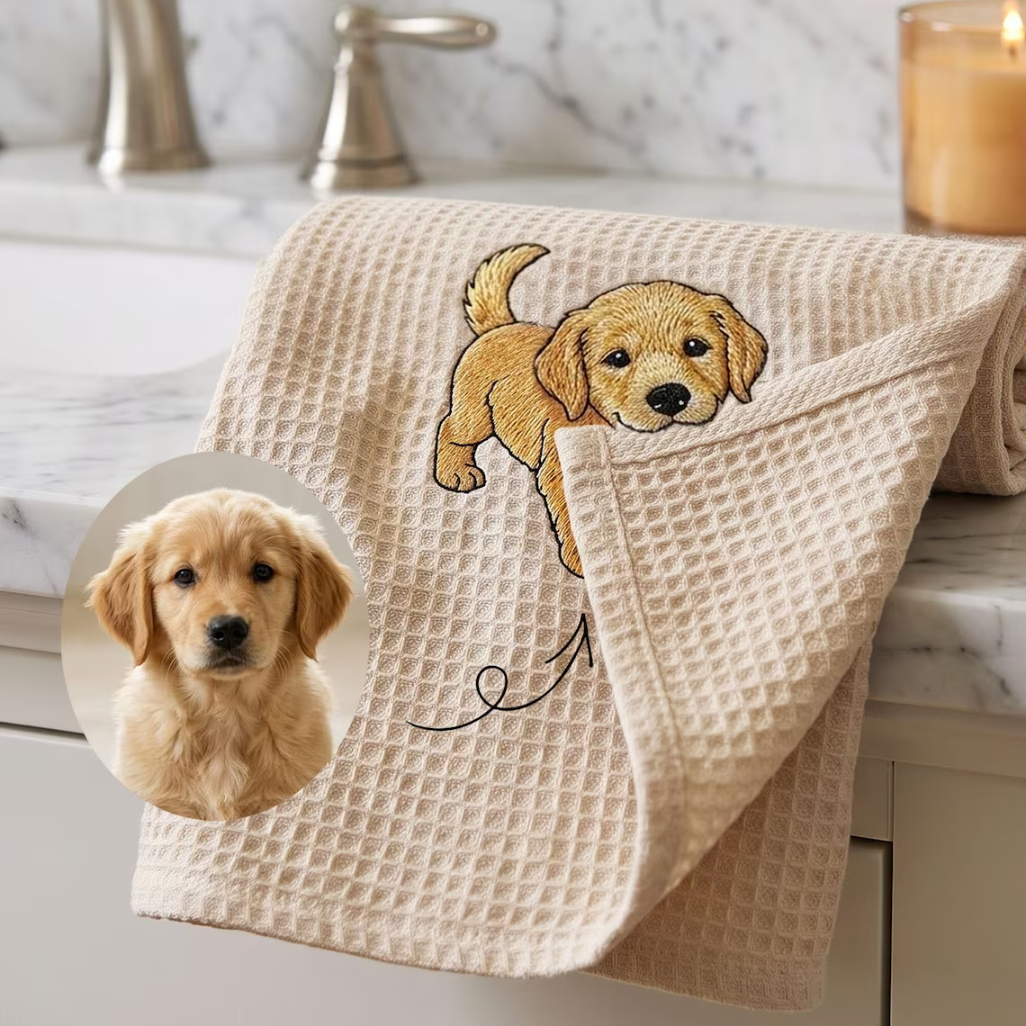 Custom Pet Embroidered Waffle Towel | Personalized Dog & Cat Portrait Keepsake