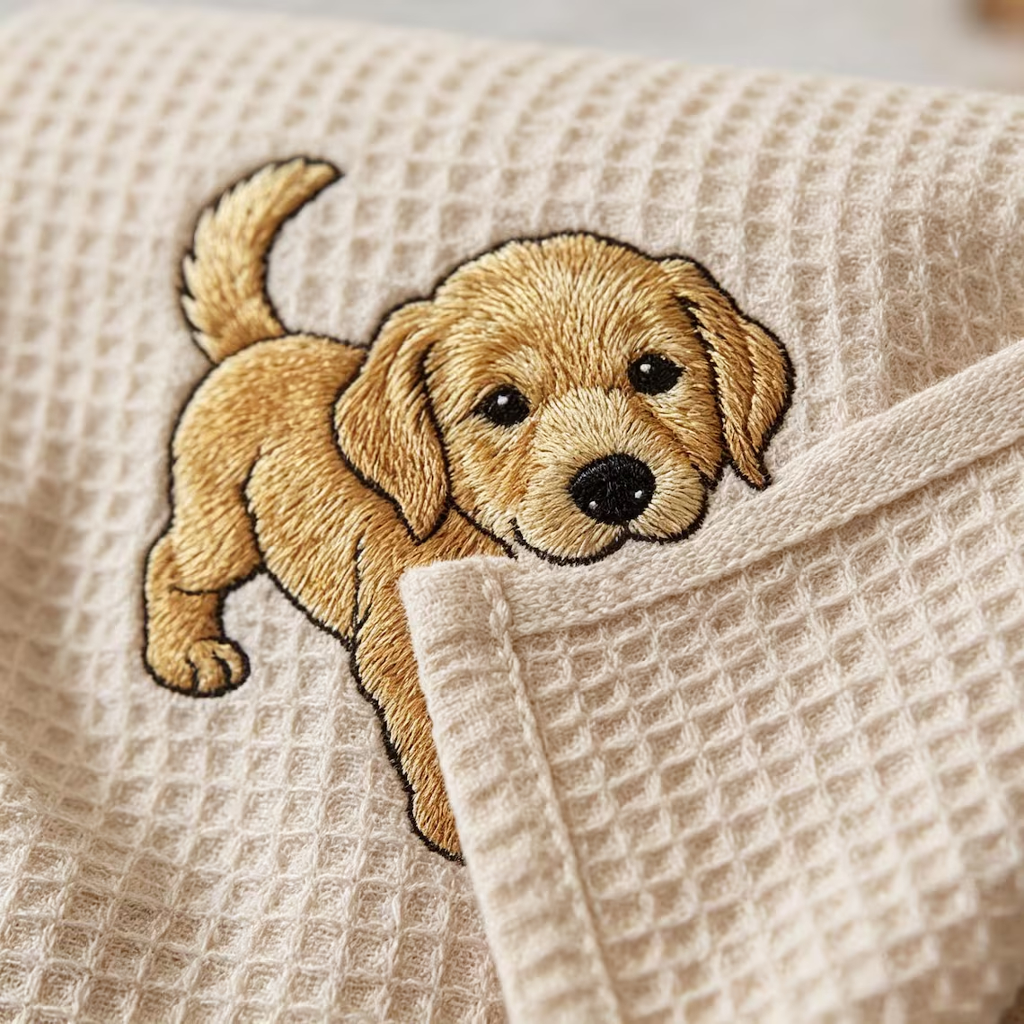 Custom Pet Embroidered Waffle Towel | Personalized Dog & Cat Portrait Keepsake