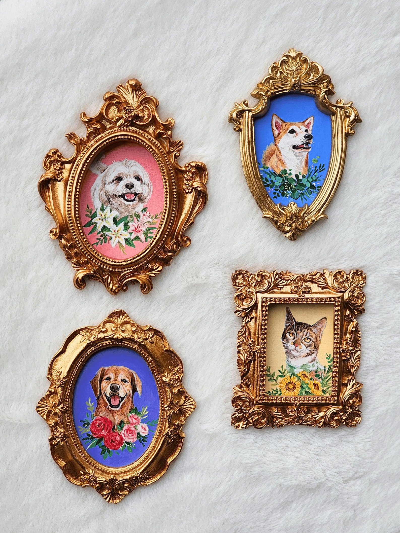 100% Hand-Painted Pet Portrait, Custom Dog & Cat Floral Painting from Photo, Personalized Pet Memorial Keepsake, Dog Mom Gift