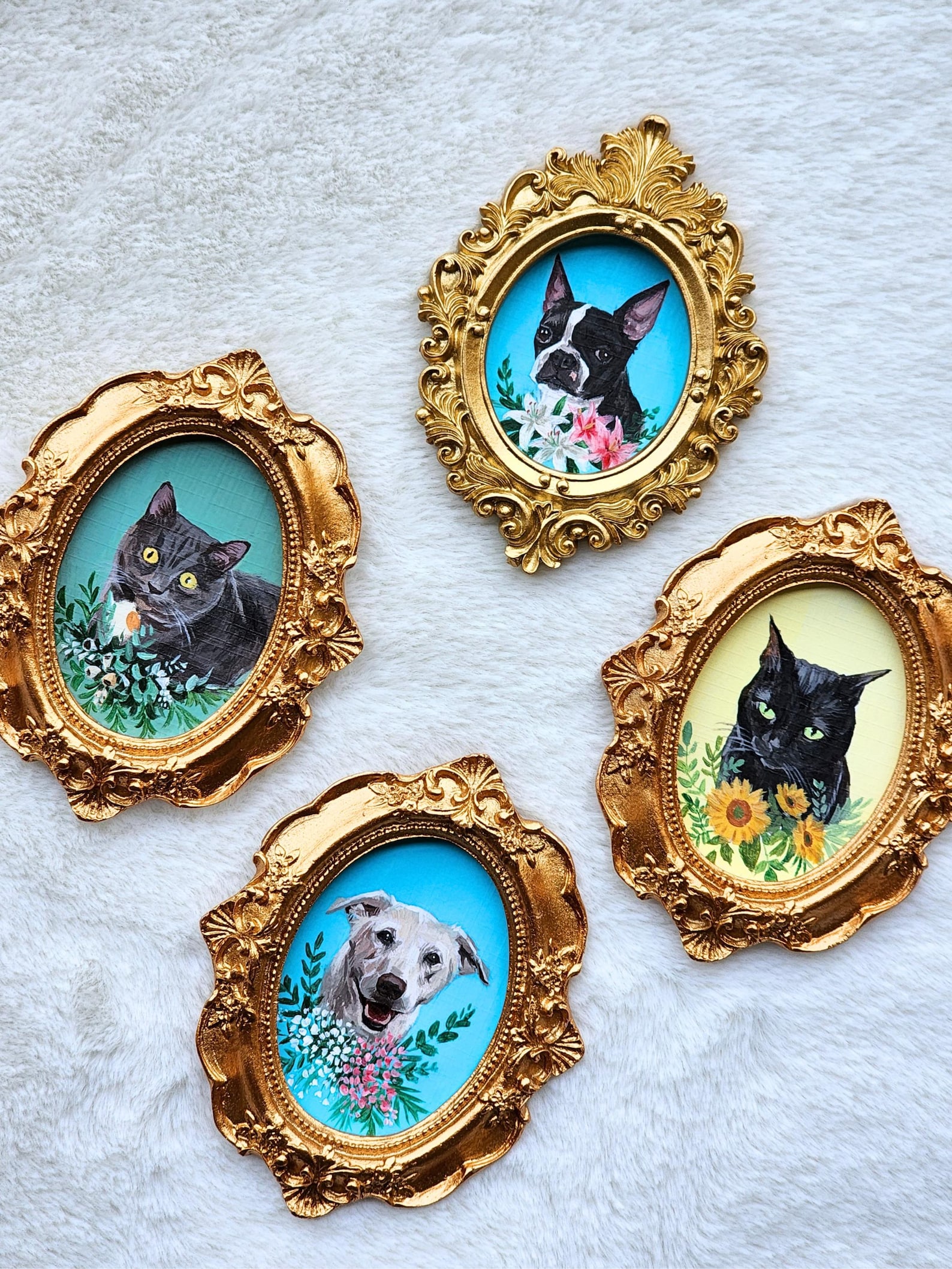 100% Hand-Painted Pet Portrait, Custom Dog & Cat Floral Painting from Photo, Personalized Pet Memorial Keepsake, Dog Mom Gift