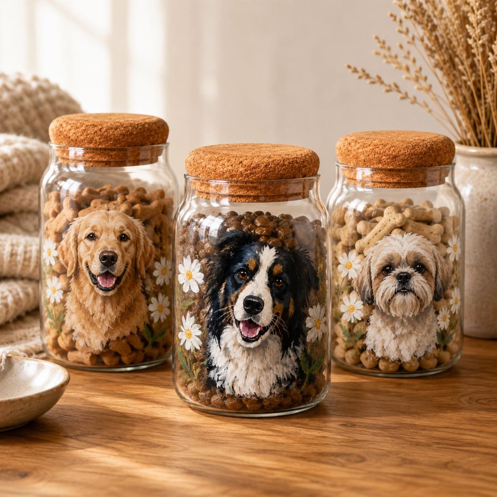 Custom Pet Portrait Glass Jar, Hand-Painted Dog & Cat Art, Personalized Pet Storage Canister, Pet Lover Gift