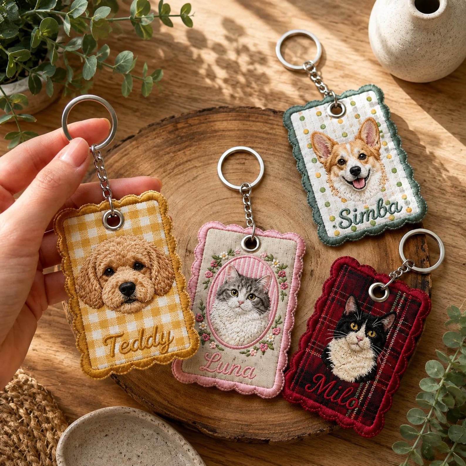 Personalized Embroidered Pet Photo Keychain, Custom Gingham Floral Dog & Cat Charm, Pet Memorial Keepsake Gift