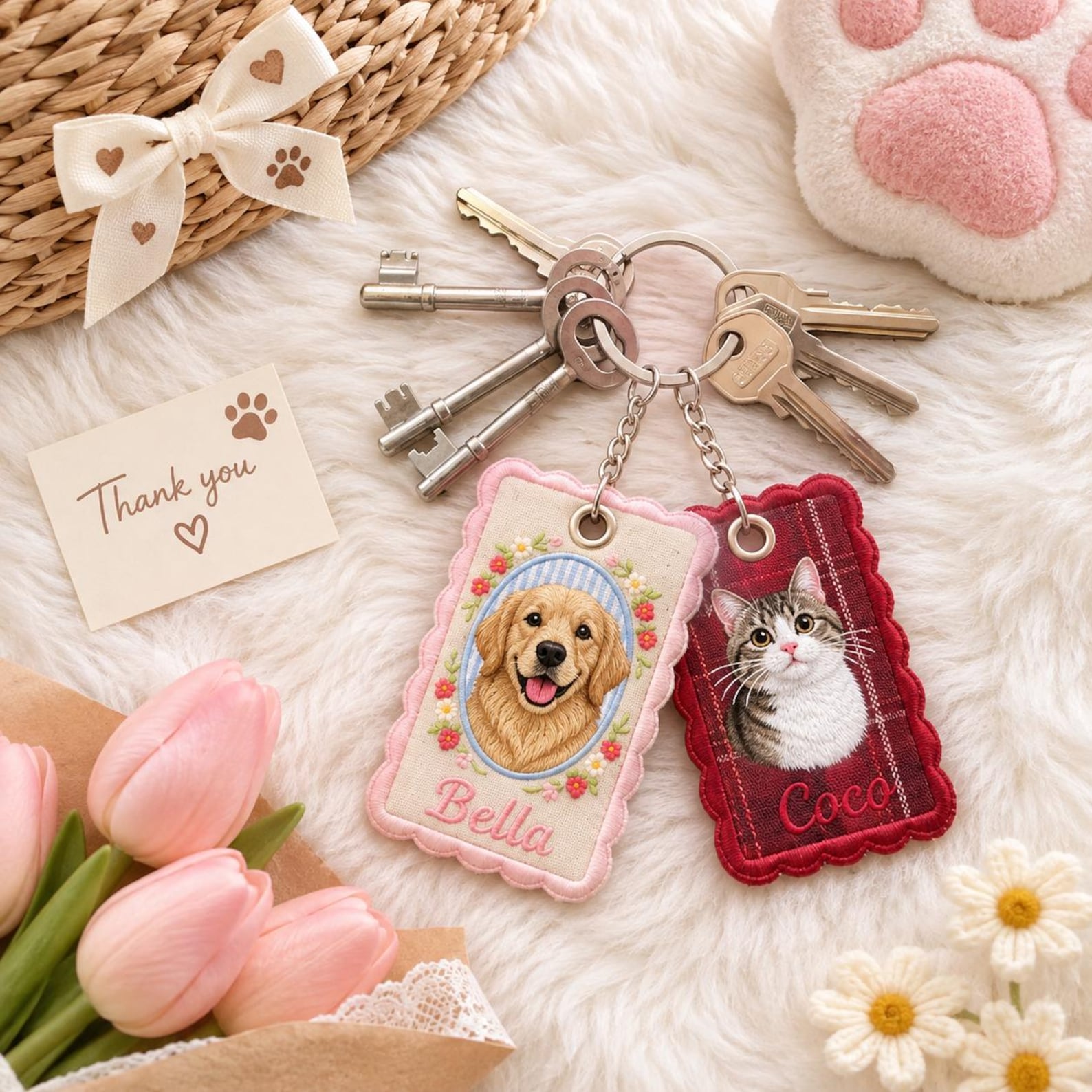 Personalized Embroidered Pet Photo Keychain, Custom Gingham Floral Dog & Cat Charm, Pet Memorial Keepsake Gift