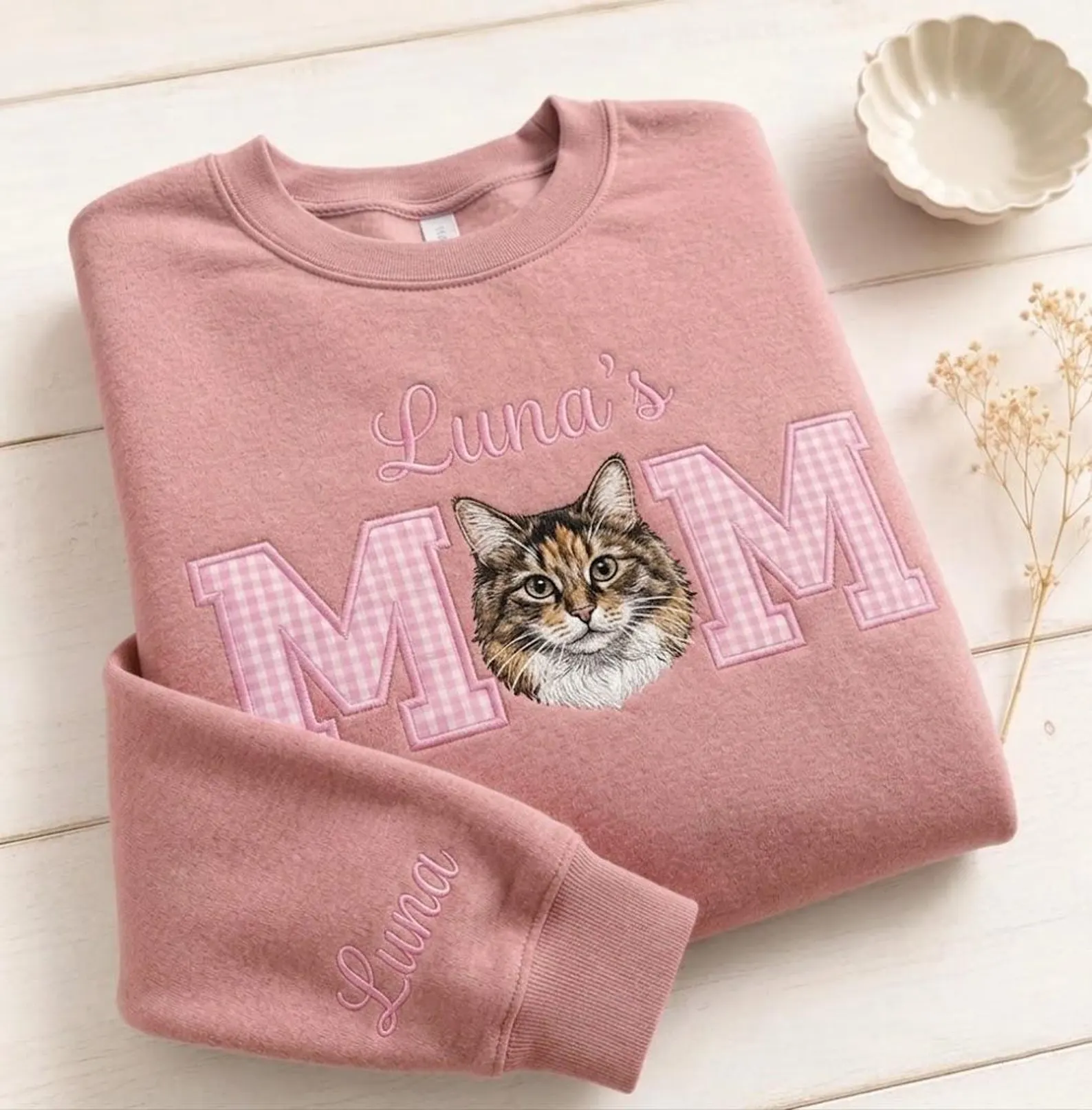 Custom Pet Portrait Appliqué Embroidered Sweatshirt, Pet Mom & Dad Gift