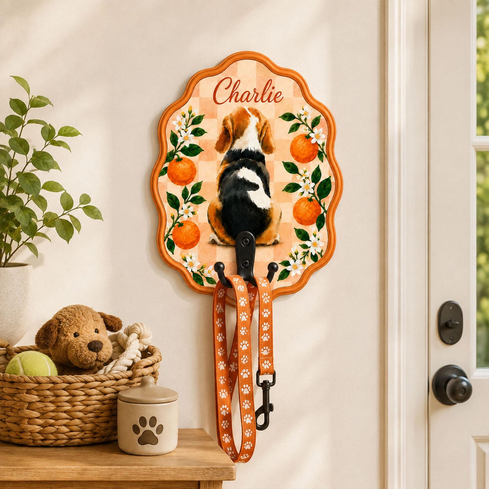 Personalized Dog Leash Holder, Custom Pet Name Wall Hook with Watercolor Dog Portrait, Personalized Dog Name Sign, Pet Owner Gift