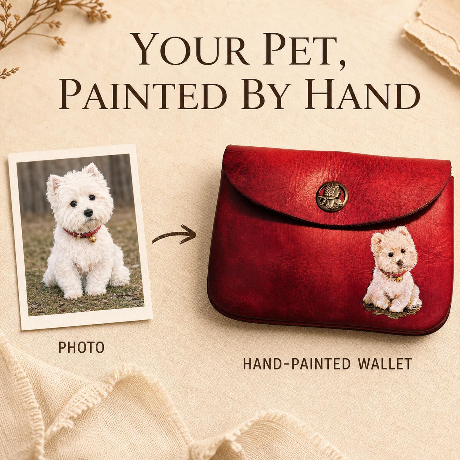 Custom Hand-Painted Pet Portrait Leather Wallet, Personalized Dog & Cat Coin Purse, Pet Photo Wallet, Pet Memorial Keepsake, Gift for Pet Lovers