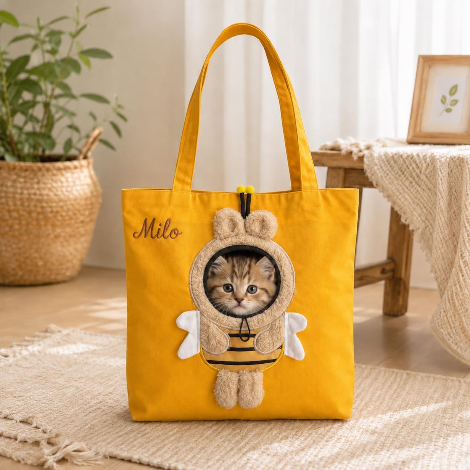 Personalized Embroidered Pet Name Tote Bag, 3D Plush Dog & Cat Design, Cute Hide-and-Seek Pocket Bag