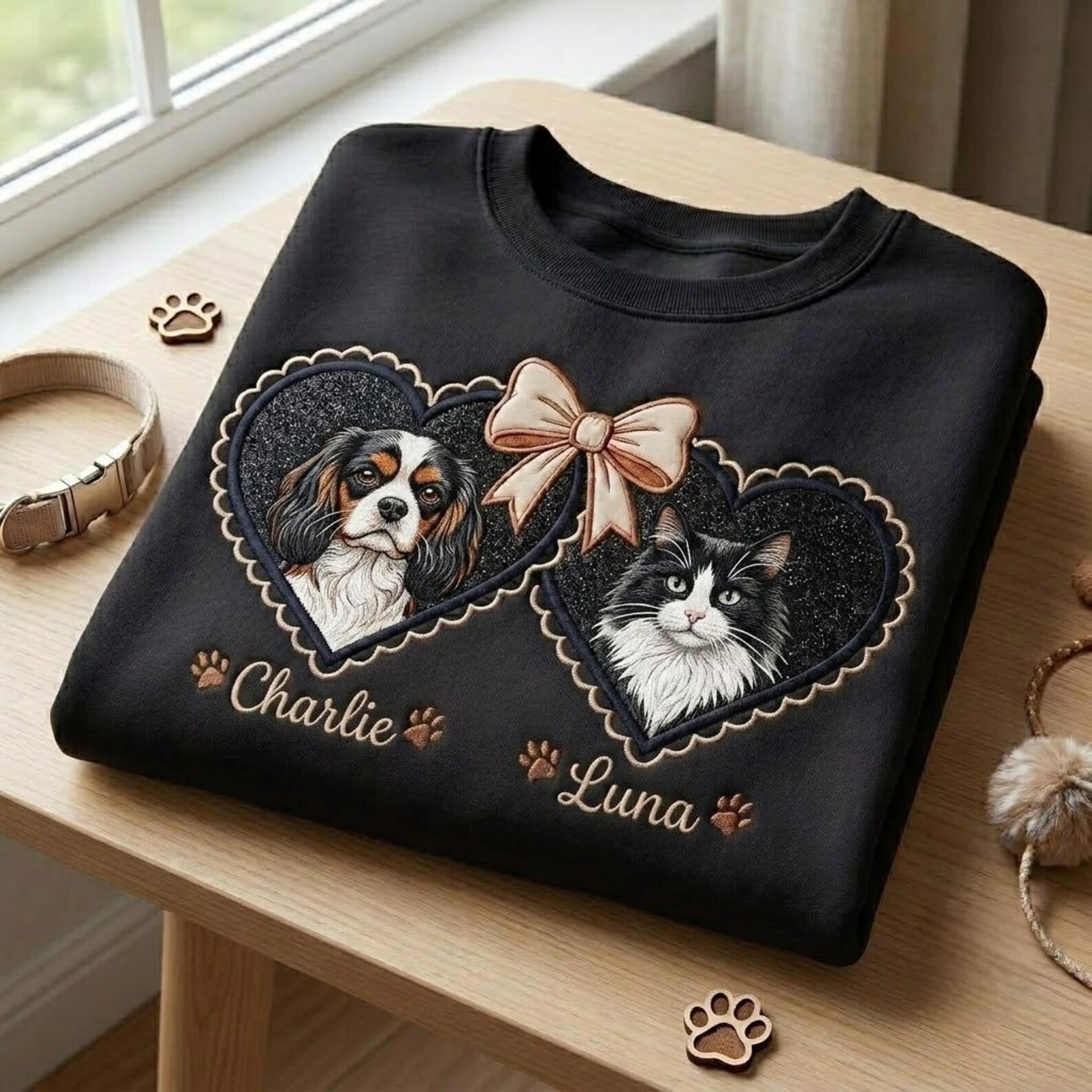 Custom Dual Pet Portrait Glitter Embroidered Sweatshirt, Personalized Double Locket Heart Coquette Shirt