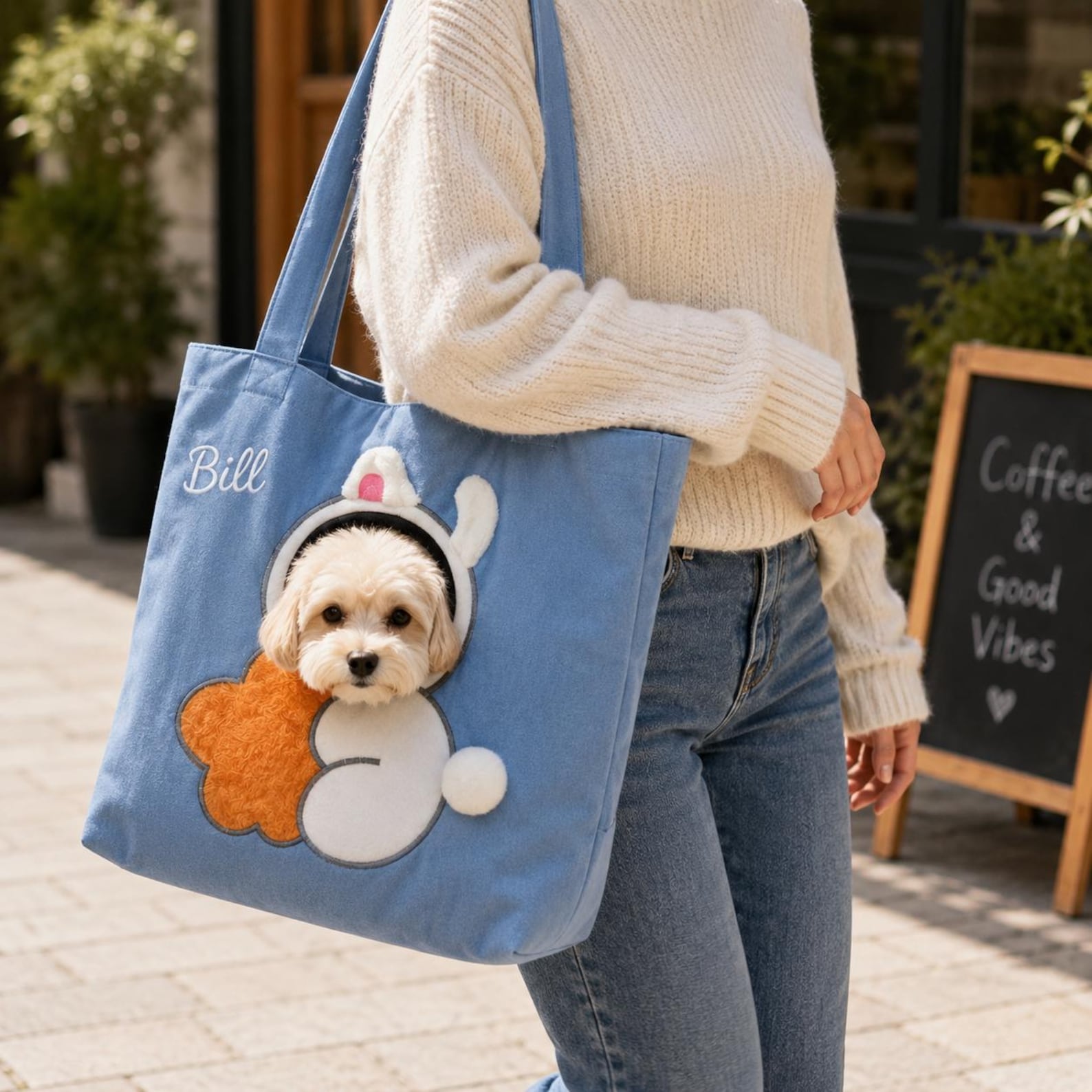 Personalized Embroidered Pet Name Tote Bag, 3D Plush Dog & Cat Design, Cute Hide-and-Seek Pocket Bag