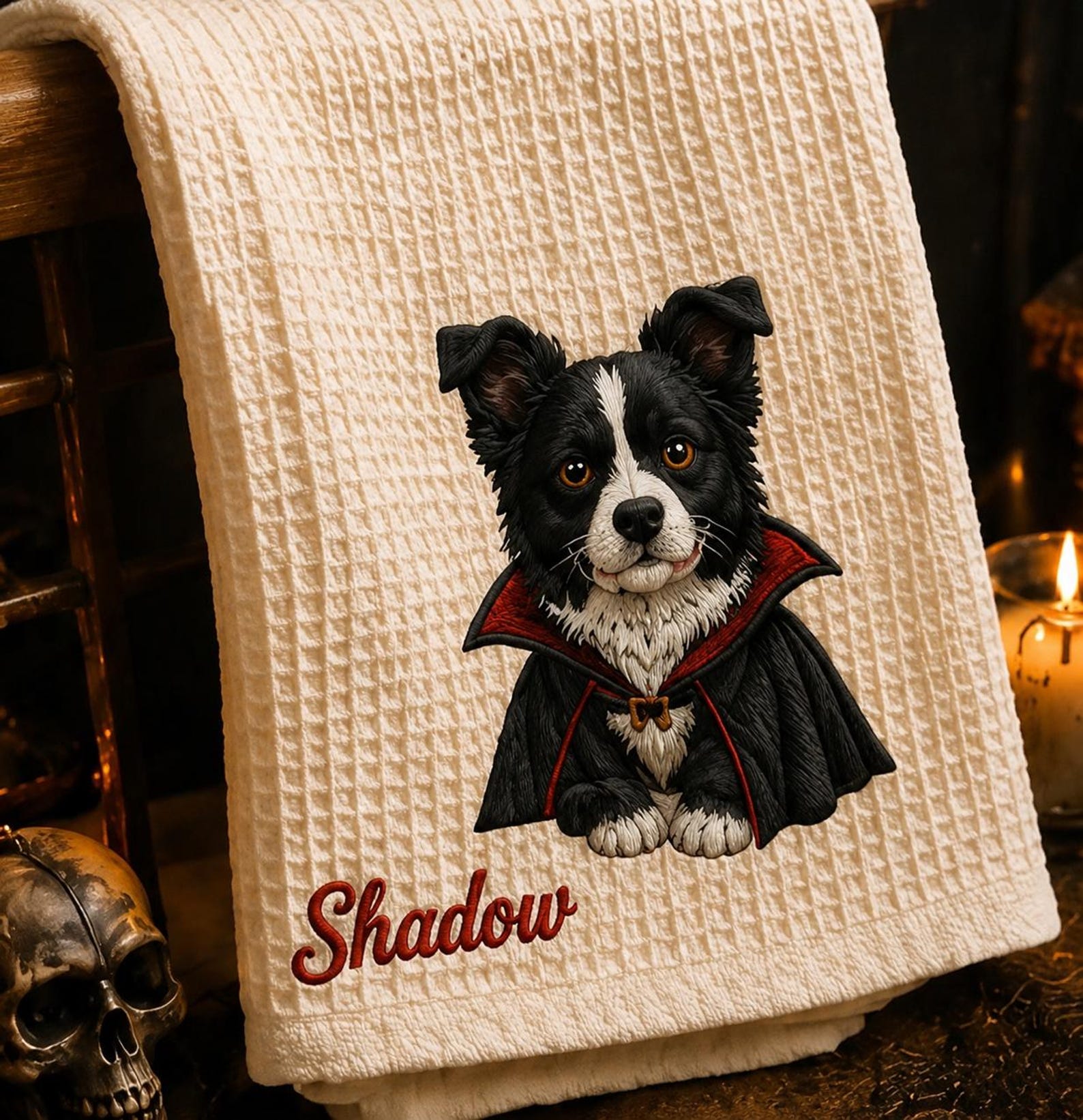 Custom Halloween Pet Embroidered Waffle Towel, Personalized Dog or Cat Photo, Cotton Kitchen Towel