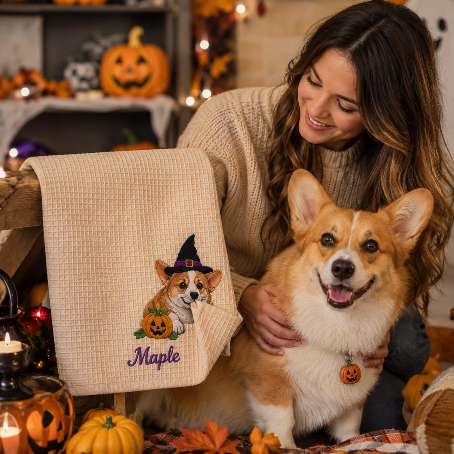 Custom Halloween Pet Embroidered Waffle Towel, Personalized Dog or Cat Photo, Cotton Kitchen Towel