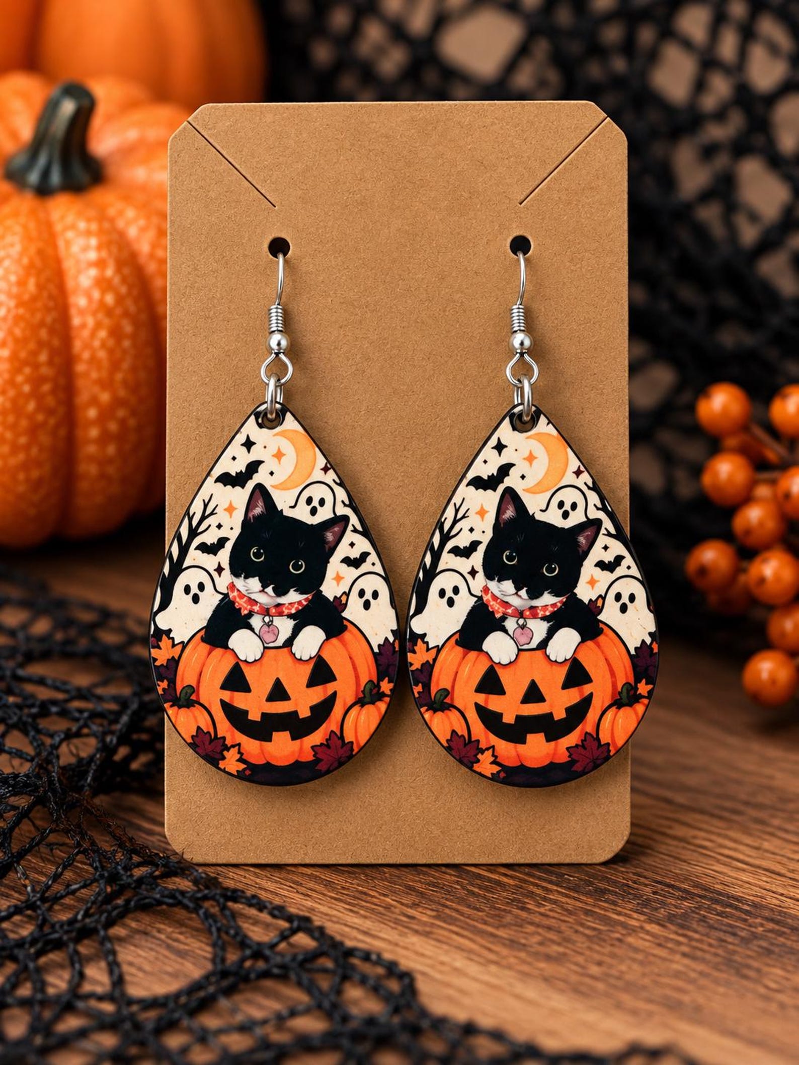 Personalized Pet Halloween Earrings, Custom Dog or Cat Portrait Jewelry, Spooky Pet Lover Gift
