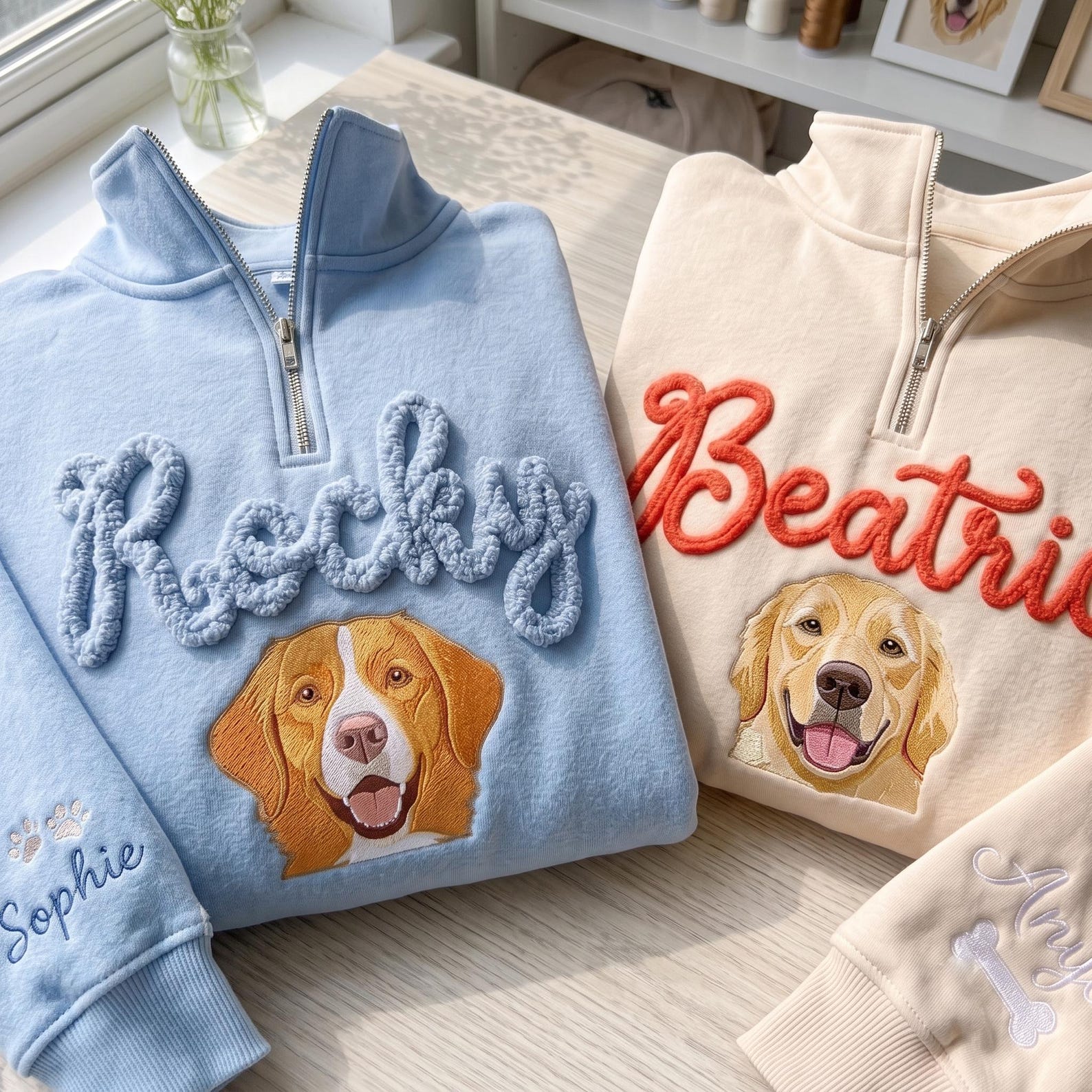 Custom Chenille Pet Portrait Quarter Zip Sweatshirt, Personalized Dog Face Embroidered Pullover, Pet Lover Gift, Dog Mom Hoodie