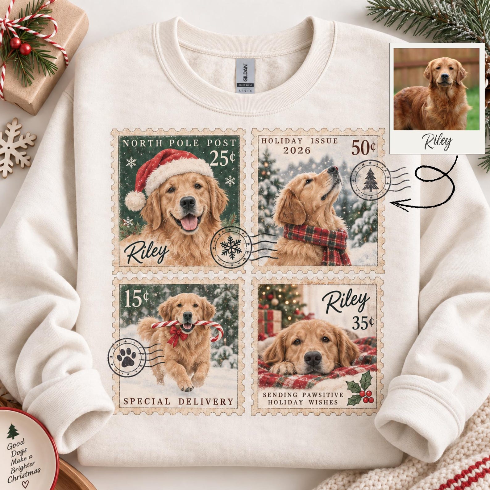 Custom Pet Christmas Sweatshirt, Personalized Dog Photo & Name Shirt, Vintage Pet Stamp Print, Christmas Gift for Dog Mom, Pet Lover Gift