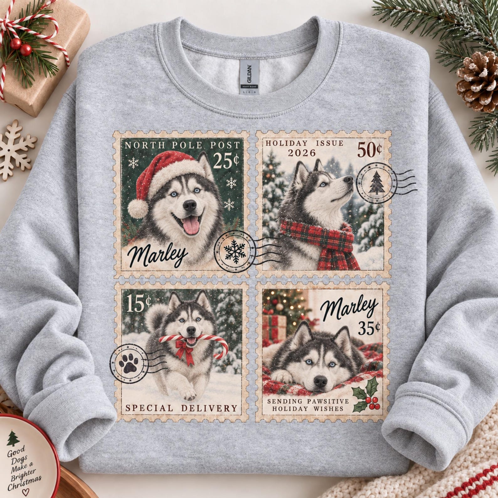 Custom Pet Christmas Sweatshirt, Personalized Dog Photo & Name Shirt, Vintage Pet Stamp Print, Christmas Gift for Dog Mom, Pet Lover Gift