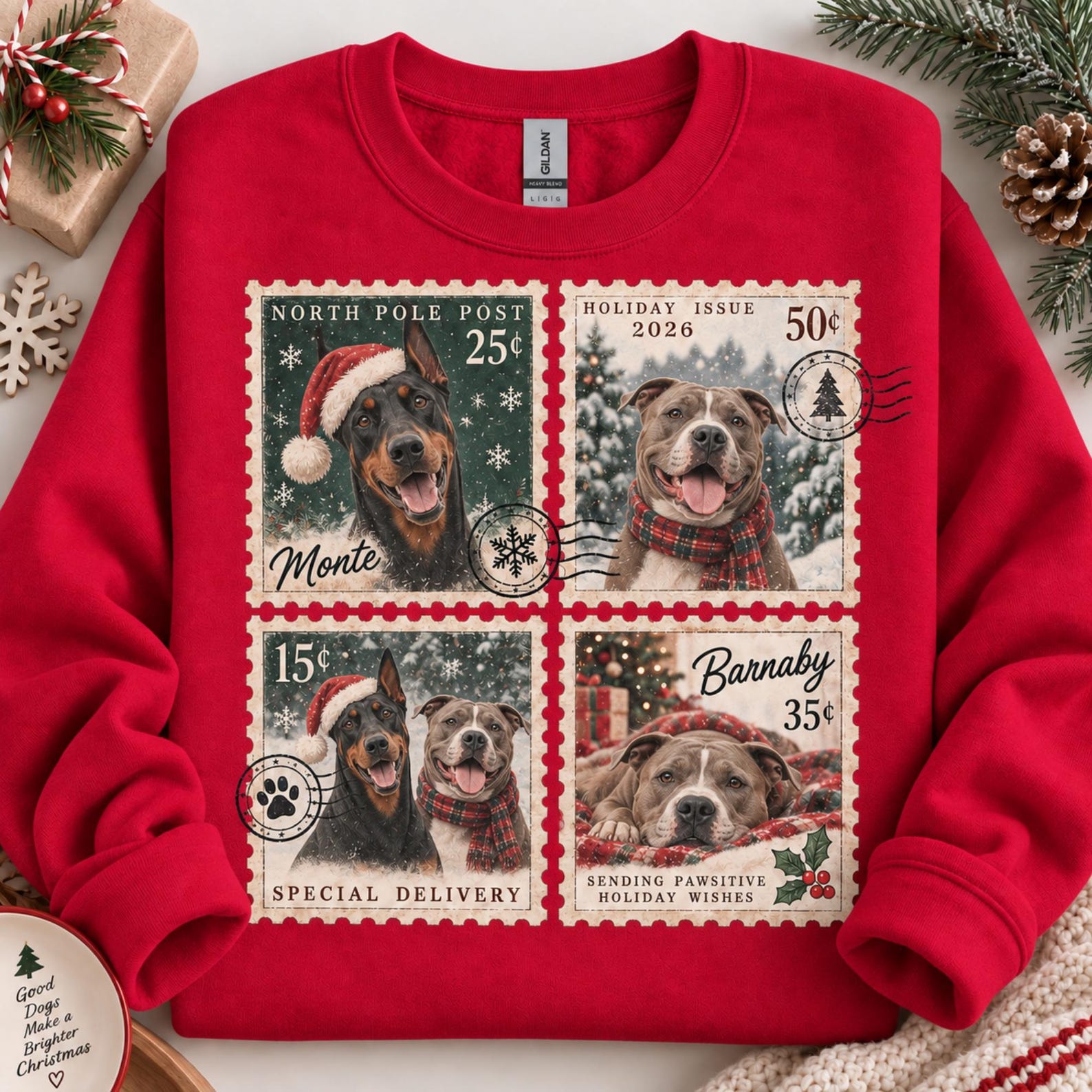 Custom Pet Christmas Sweatshirt, Personalized Dog Photo & Name Shirt, Vintage Pet Stamp Print, Christmas Gift for Dog Mom, Pet Lover Gift