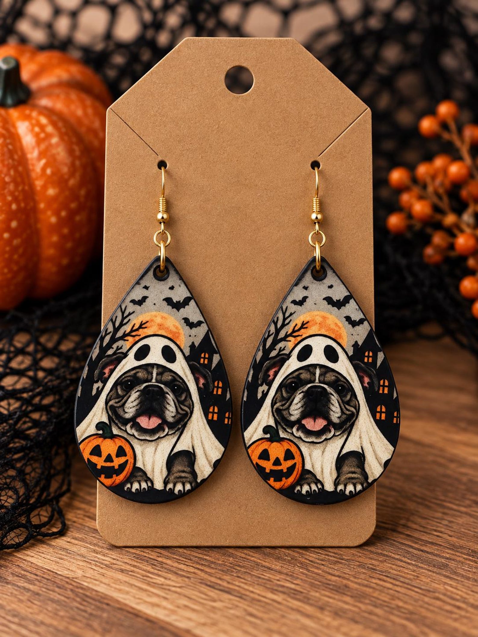 Personalized Pet Halloween Earrings, Custom Dog or Cat Portrait Jewelry, Spooky Pet Lover Gift